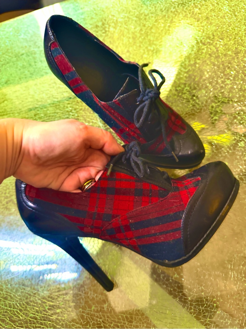 Plaid Red and Black Lace-Up High Heel Booties